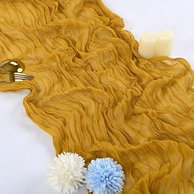 10 Pcs Mustard Cheesecloth Table Runner 10FT, Gauze Table Runner for Wedding Reception Sheer Bridal Shower Birthday Party Boho Table Decoration, Rustic Romantic Wedding Runner
