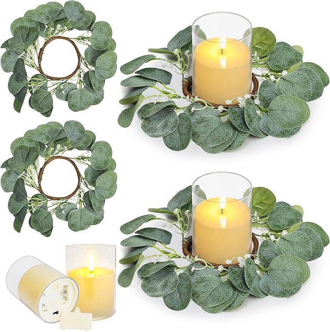 4 Pcs Candle Rings Wreaths with LED Candles - Eucalyptus Candle Rings Greenery Artificial Eucalyptus Leaves Pillar Holder for Wedding Centerpieces Home Table Party Decor