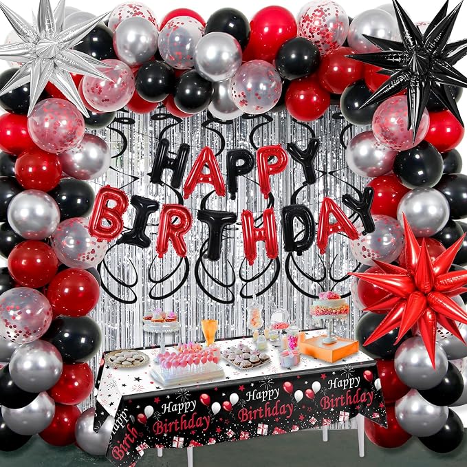 Red Birthday Decorations for Men Women Boys Girls, 91PCS Red Black and Silver Happy Birthday Decorations Kit- Happy Birthday Banner, Star Balloons Arch, Tablecloth, Fringe Curtain, Bday Party Supplies