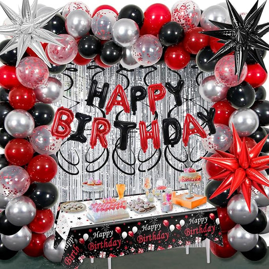 Red Birthday Decorations for Men Women Boys Girls, 91PCS Red Black and Silver Happy Birthday Decorations Kit- Happy Birthday Banner, Star Balloons Arch, Tablecloth, Fringe Curtain, Bday Party Supplies