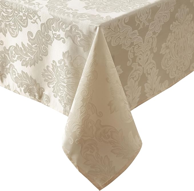 Newbridge Barcelona Luxury Damask Fabric Tablecloth, 70” Extra Wide x 144” Rectangle, Golden Beige, 100% Polyester, No Iron, Soil Resistant Dining Room, Party and Banquet Table Cover