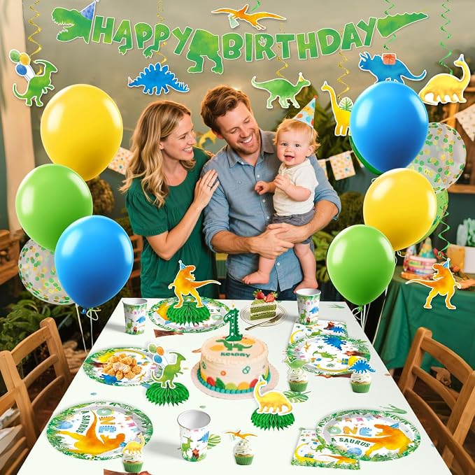 193pcs One A Saurus Birthday Decorations with Tableware Set, Banner, Hanging, Tablecloth, Cake Number Candle, Balloon, Centerpieces, for Dinosaur Birthday Decorations 1 Year Old Boy, Serves 25