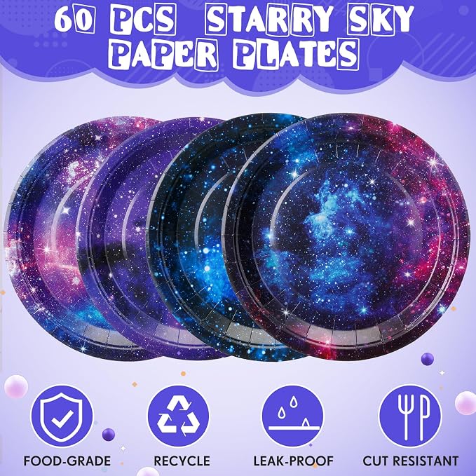 Funnymoom 60 Pcs Galaxy Party Plates 9 Inch Astronaut Outer Space Paper Plates Starry Night Sky Birthday Party Supplies for Baby Shower Galaxy Planet Decoration