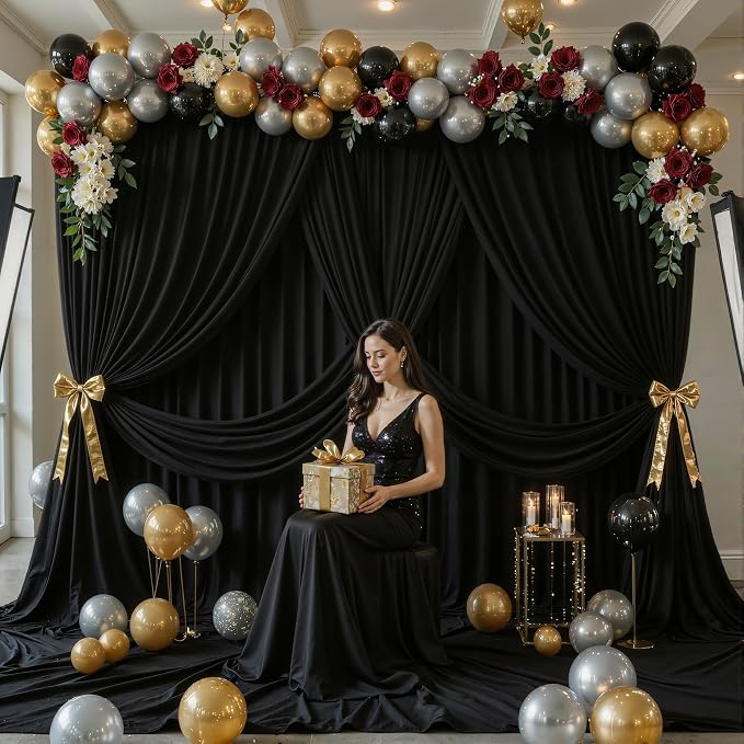 10ftx12ft Wrinkle Free Black Backdrop Curtain, 2 Panels 12FT Long Wedding Photo Backdrop Drapes, Silky Polyester Back Drop Cloth for Birthday Photography Background Party Backdrop Draping
