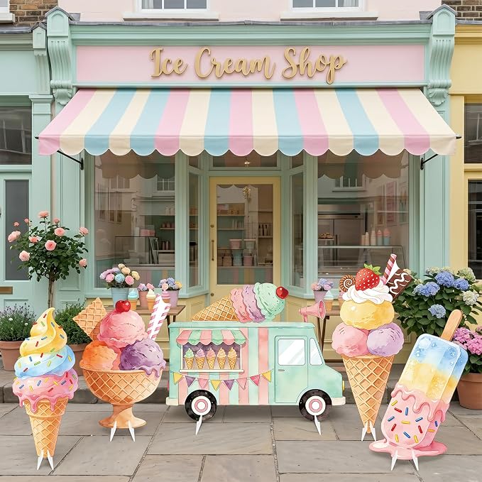 5 PCS 20" Ice Cream Cardboard Cutouts for Birthday Party Decorations, Large Sweet Theme Outdoor Yard Signs, Ice Cream Truck & Cone Standee for Candy Land Party Photo Booth Props Backdrop