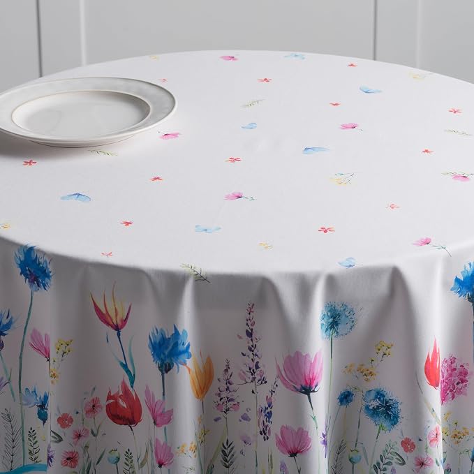 Maison d' Hermine Table Cloth Round Table 100% Cotton 63 Round Inches Tablecloth Reusable Decorative for Dining Kitchen Room Farmhouse Party Home Hotel Restaurant Spring Summer - Flower in The Field