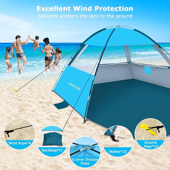 COMMOUDS Beach Tent Sun Shelter for 3/4/6/8 Person, UPF 50+ UV Protection Beach Shade Canopy Tent, Lightweight, Easy Set Up and Carry