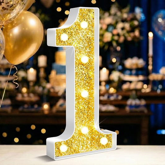 12.6 Inch LED Gold Marquee Light Up Numbers, 1st Birthday Decorations Number Lights as Gifts for Girls Boys, Glitter Lighted Marquee Numbers for Golden Anniversary Party Table Decor, 1
