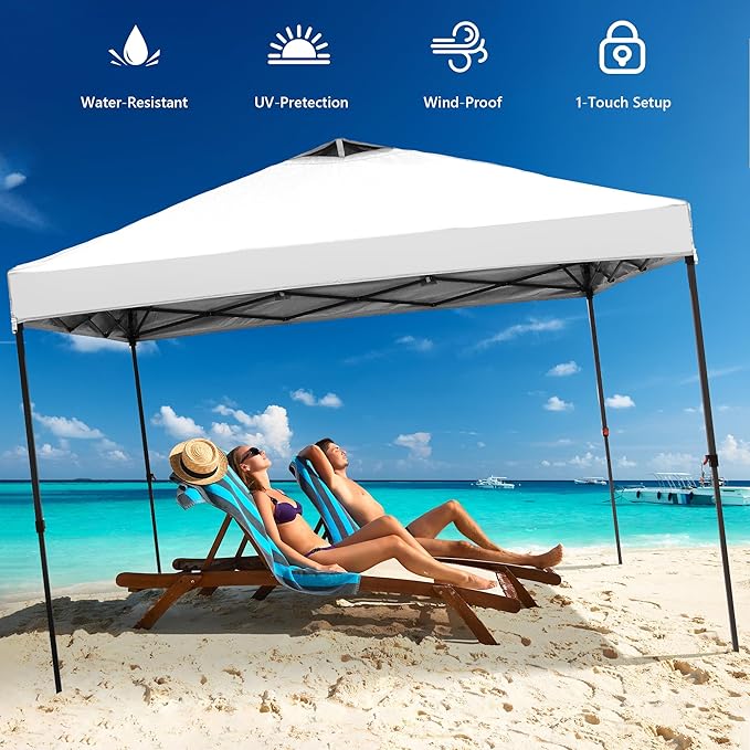 GDY 10x10 Pop Up Canopy Tent with 4 Sidewalls, Easy Set up with One Push Lift Outdoor Silver Coated Beach Gazebos, Carpas with 4 Sandbags, for Events, Parties,Camping, White.