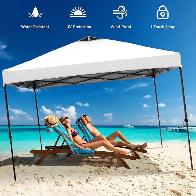 GDY 12x12ft Pop Up Canopy Tent with 4 Sidewalls, with Center Lock, 3-Level Height Adjustment, Wheeled Bag, for Gardens, Poolside, or Patio Lounge Spaces, White