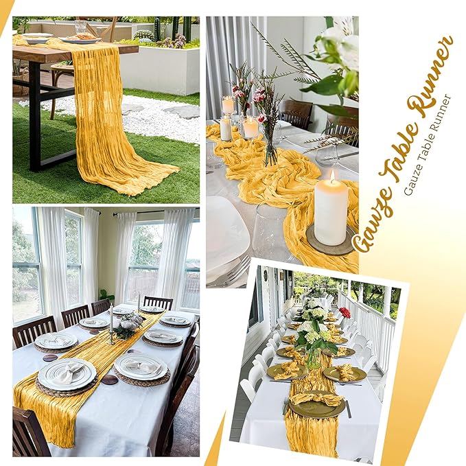 16 Pack Gold Cheesecloth Table Runners 20x120 Inch Gauze Table Runner 10FT Easter Cheese Cloth Table Runner Rustic Sheer Runner for Wedding Baby Shower Birthday Party Table Decor