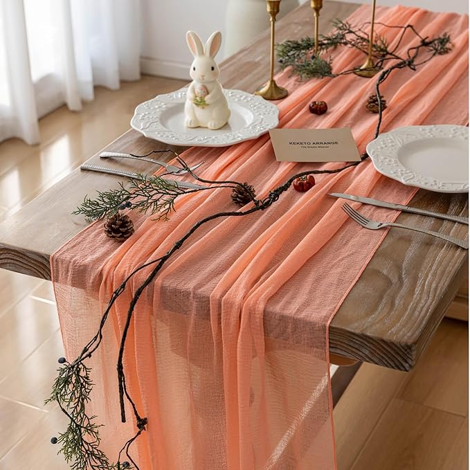 Keketoarrange Fresh Salmon Spring Cheesecloth Table Runner Mothers Day Decor Peach Echo Gauze 120 Inch 10 FT Boho Table Runner for Wedding Baby Shower Bridal Shower Party Sheer Summer Home Decorations