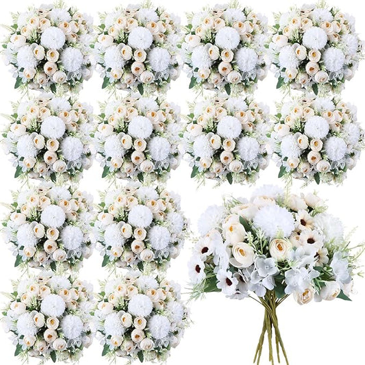 Tigeen 24 Bundles Peonies Artificial Flowers Faux Roses Artificial Flowers Hydrangea Bouquet for Wedding Table Centerpiece Floral Vase Home Office Bridal Decor(Champagne White)