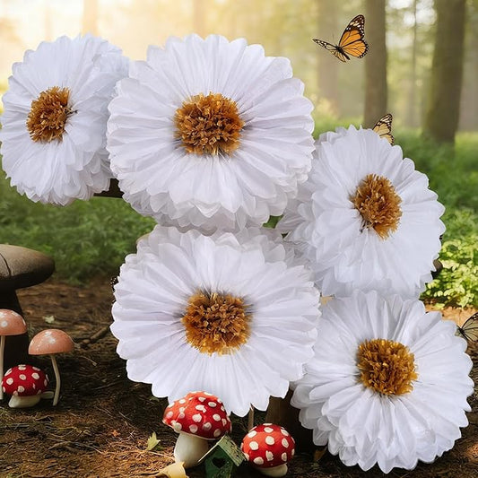 Chunful 5 Pcs 30'' 24'' Gaint White Tissue Paper Flowers Decoration Wonderland Large Hanging White Tissue Paper Pom Poms Decor for Wonderland Birthday Bachelorette Wedding Baby Shower Party Decor