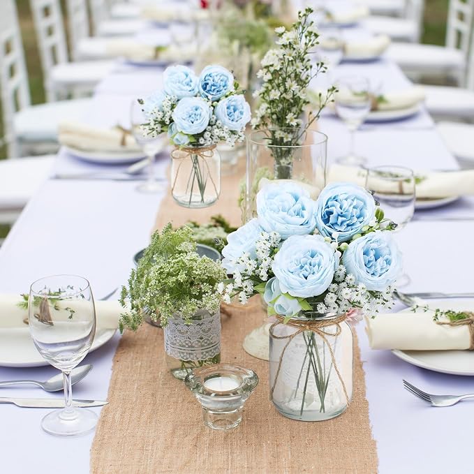 Zeyune 6 Sets Mason Jar Centerpiece Table Decorations, Artificial Peony Baby's Breath Flower Bouquets, Faux Flowers with Vase, Rustic Decor Gifts for Home, Wedding, Holiday (Blue)