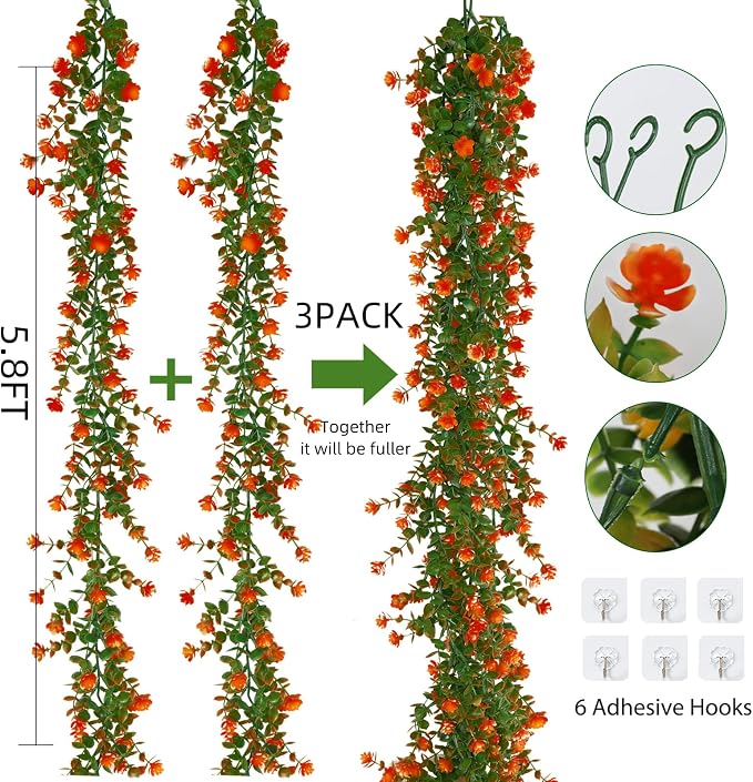 RECUTMS Faux Eucalyptus Garland Plant Fake Vines, Artificial Hanging Eucalyptus Leaves Greenery Vines Arch Kit Flower Green Garlands for Wedding Backdrop Wall Party Home Indoor Outdoor(Orange)