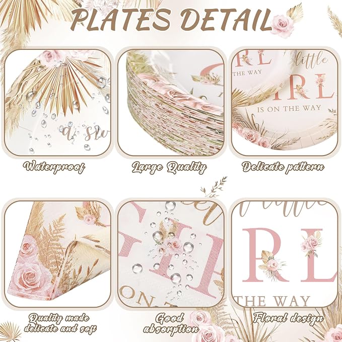 Funnymoom 250 Pcs Boho Baby Shower Decorations for Girls Pink Floral Baby Shower Plates Napkins and Cups a Sweet Little Girl Is on the Way Pink Flower Spring Birthday Party Supplies, Serve 50 Guests