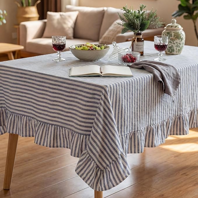 Boao Cotton 60 x 120 Inch Farmhouse Ruffle Tablecloth Blue White Striped Flounces Trim Table Cover for Rectangle Table Kitchen Party Wedding Decor