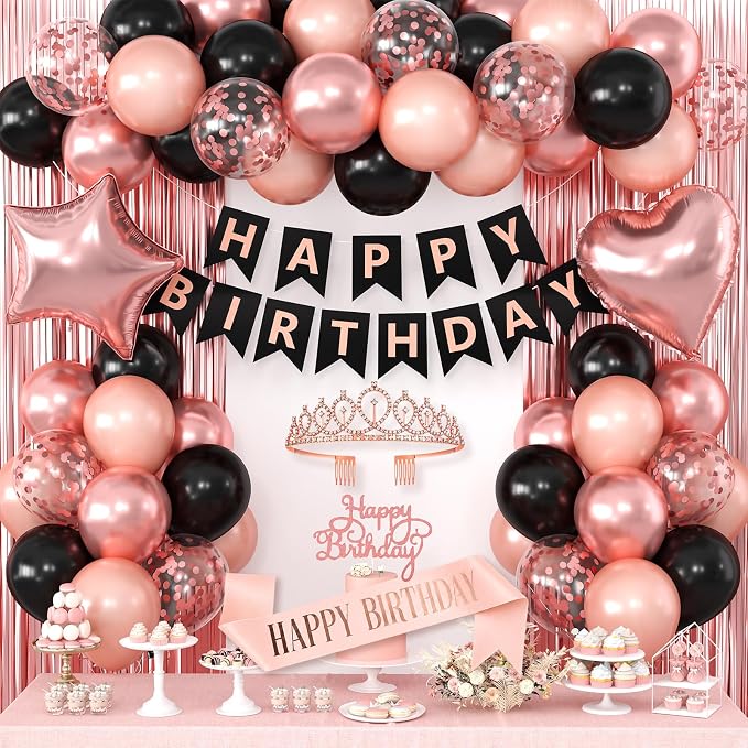 Black Rose Gold Birthday Decorations for Women Girls,Rose Gold Latex Balloons with Happy Birthday Banner,Fringe Curtain,Cake Topper,Sash and Crown for Birthday Party Supplies