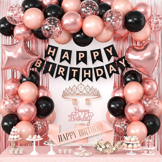Black Rose Gold Birthday Decorations for Women Girls,Rose Gold Latex Balloons with Happy Birthday Banner,Fringe Curtain,Cake Topper,Sash and Crown for Birthday Party Supplies
