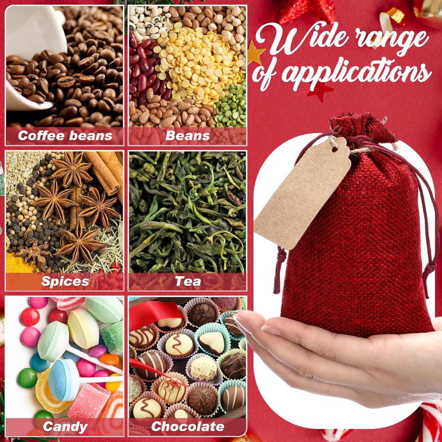 Woanger 100 Pcs Burlap Gift Bags with 100 Pcs Kraft Paper Gift Tags Drawstring Favor Bulk Burlap Sack Bags for DIY Wedding Party Craft (3 x 4 Inch,Burgundy)