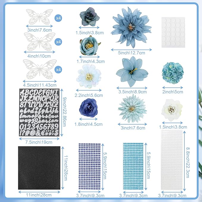 TKNOUS DIY Graduation Cap Decorations Accessory Kit, 3D Butterfly Faux Flower Heads for Grad Hats Decor Rhinestones Stickers Alphabet Letter Stickers Glitter Paper for Cake Wreath Art DIY (Blue)