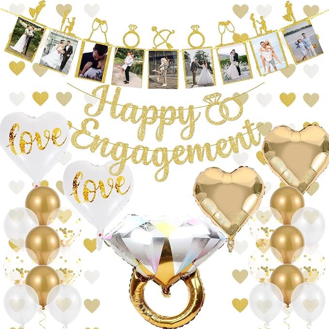 Engagement Party Decorations Gold - 29 Pc Engagement Decor Kit, Happy Engagement Banner, Ring Balloon, Photo Timeline, LOVE Heart Balloons - Just Engaged Proposal Bridal Shower Decor