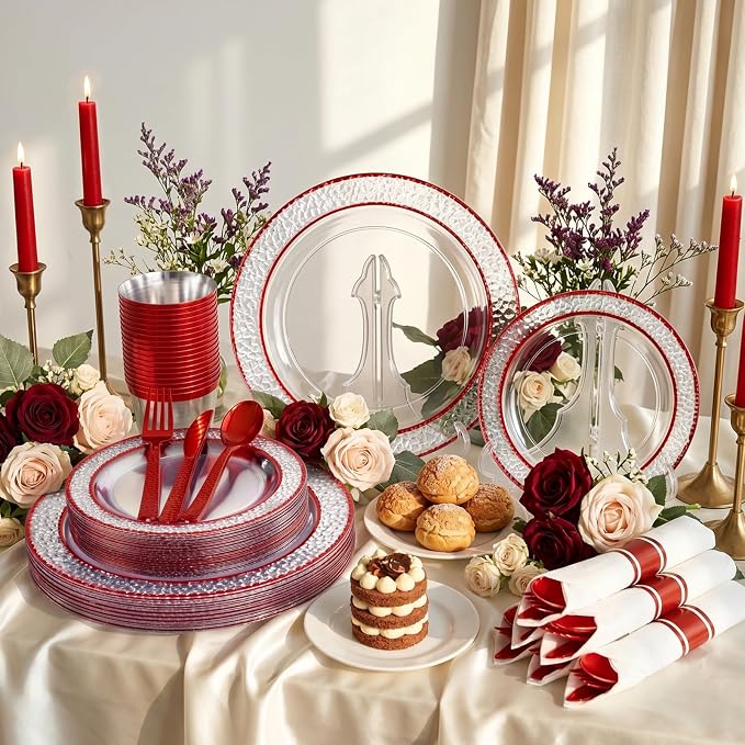 Ciaell 350 PCS Clear and Red Plastic Plates – Red Dinnerware Set for 50 Guests Include 100 Plastic Plates, 50 Pre Rolled Napkins with Cutlery Set, 50 Cups for Wedding