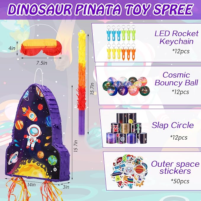 Meooeck 90 Pcs 16 x 12 x 3 Rocket Ship Piñata with Blindfold Piñata Stick Confetti Set, Outer Space Party Favors Include Slap Bracelet Sticker Bouncy Ball Flashlight Keychains