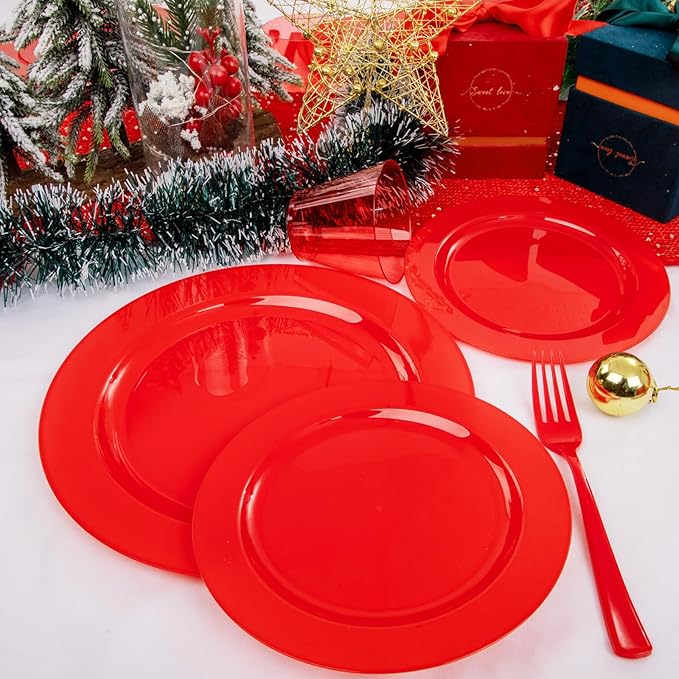 KIRE 150 Pieces Red Plastic Plates Disposable - Red Dinnerware Set Include 25Dinner Plates 25Salad Plates 25Forks 25Knives 25Spoons 25Clear Red Cups for Christmas Parties