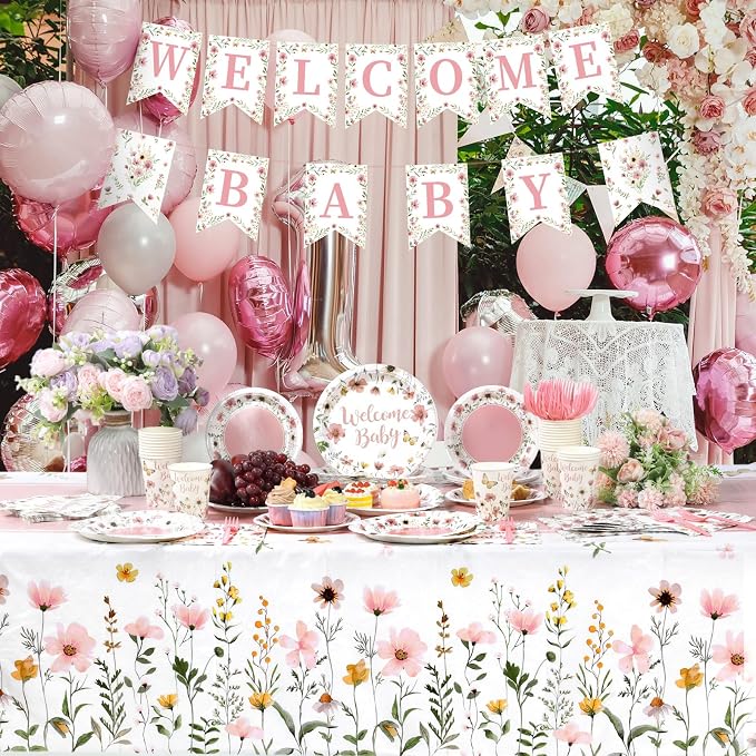 LemonRoad 128 Pcs Pink Floral Baby Shower Party Decoration Girl for 25 Guests, Wildflower Welcome Baby Shower Paper Plates Napkins Cups Tablecloth Forks Banner for Spring Gender Reveal Party Supplies