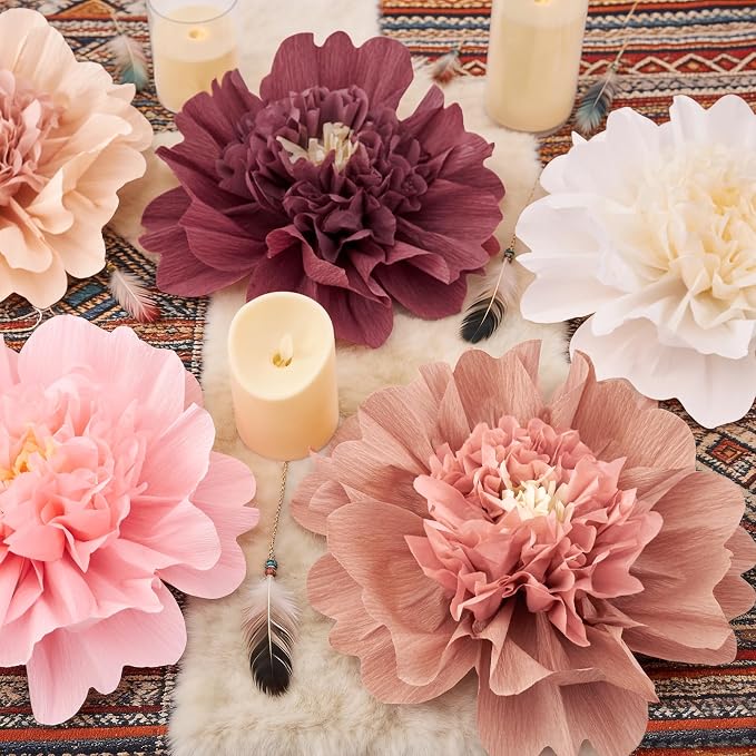 SUNBEAUTY 6 Pcs Large Boho Tissue Paper Flowers 12'' Giant Crepe Paper Flowers Decorations for Birthday Mexican Fiesta Spring Wedding Flower Backdrop Baby Bridal Shower Carnival Party Wall Decor