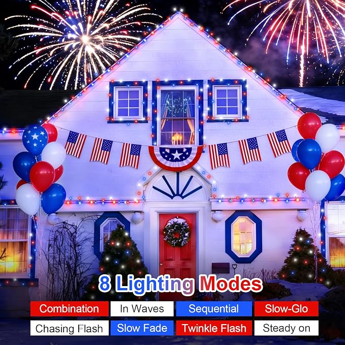 QITONG Red White and Blue Solar String Lights, 2 Pack Each 33ft 100 LED 4th of July Lights Outdoor Waterproof, 8 Modes Green Wire Solar Patriotic Lights for Independence Memorial Day