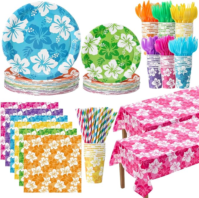 Vesici 452 Pcs Hawaiian Luau Party Supplies Set Tropical Hibiscus Tableware Kit with Plates Napkins Tablecloths Cups Utensils Straws for Summer Beach Pool Birthday BBQ Aloha Party Decor, Serve 50