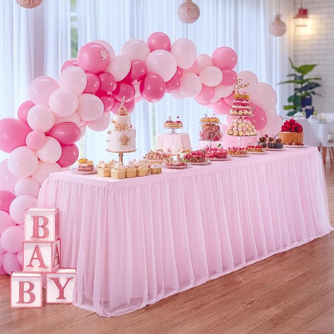 6ft Pink Tulle Tablecloth for Rectangle Tables 6 Foot Pink Table Cloth Rectangle Wrinkle Free Stretch Table Cover with Tutu Skirt for Baby Shower Girls Birthday Party Banquet Buffet Desk Skirt