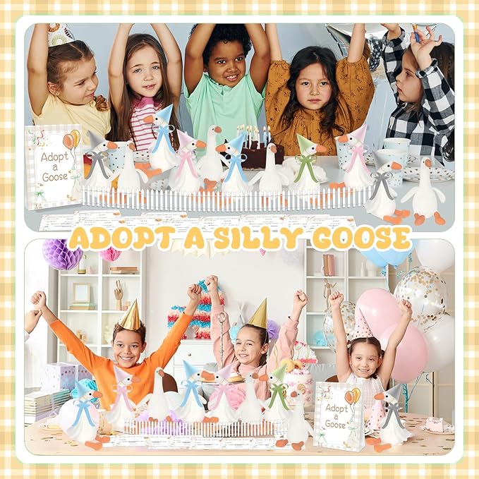 42 Pcs Adopt a Silly Goose Party Favor Include 12 Silly Goose Stuffed Animal 12 Mini Hat 12 Adoption Card 1 Adoption Sign 4 Ribbon 1 Fence for One Silly Goose Baby Shower Party 1st Birthday Decoration