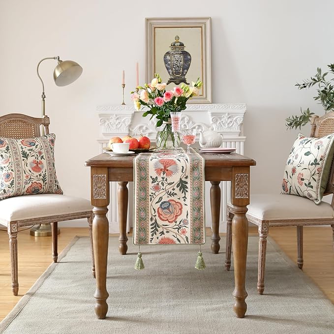 ISAENNE Designer Vintage Linen Table Runner 87 Inches Long,Elegant Floral Pattern Wrinkle Resistant Table Runners for Dining Tables,Thanksgiving,Kitchen Tables,Christmas,12"*87"-Daffy B