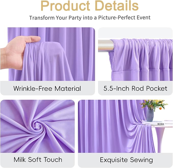 30x8ft Lavender Photo Backdrop Curtains for Parties Baby Shower Light Purple Wrinkle Free Polyester Photoshoot Curtains Drapes Backdrop for Girls Birthday Party Wedding Background 6 Panels 5x8FT