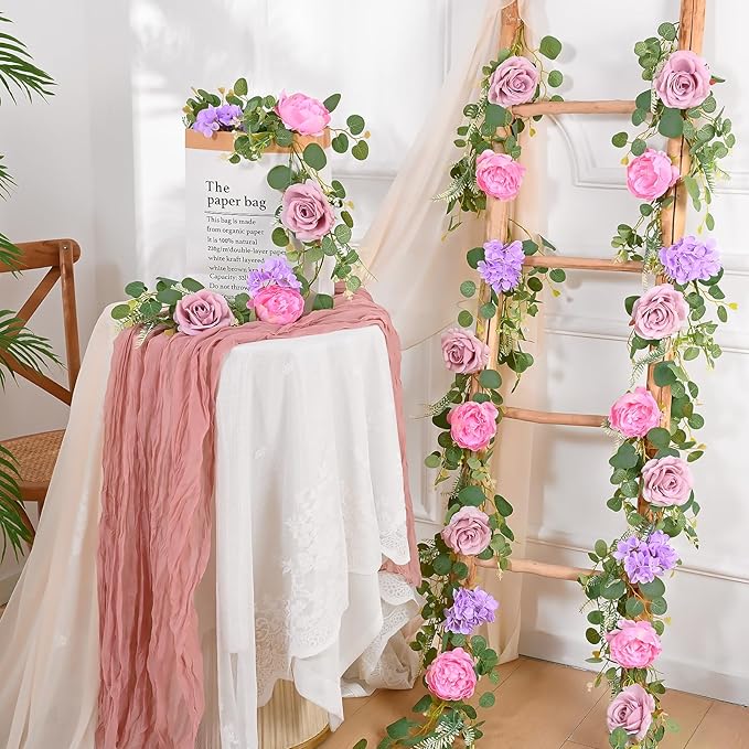 Livole 2Pcs 12 Ft Artificial Flower Garland Fake Pink Rose Peony Floral Garland with Eucalyptus Flower Hanging Vine for Wedding Arch Table Centerpieces Backdrop Party Home Decorations