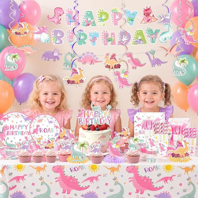 Dinosaur Bday Party Supplies Decorations for Girls 1st 2nd 3rd 4th Bday Dino Tableware Pre-strung Banner Honeycomb Centerpieces Tablecoth Hanging Swirls Cupcake Topper Balloons Serve 25