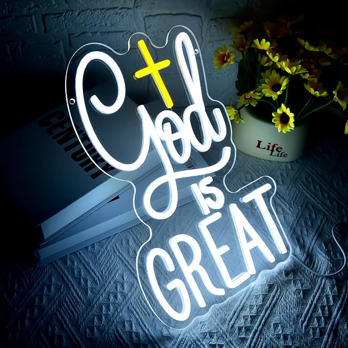 God Is Great Neon Sign for Wall Decor God Neon Light for Church Cross Led Light Up Sign for Prayer Room Bedroom Coffee Gifts for Christian Pastor Family Size14.2 * 9.1Inches(JTD276)