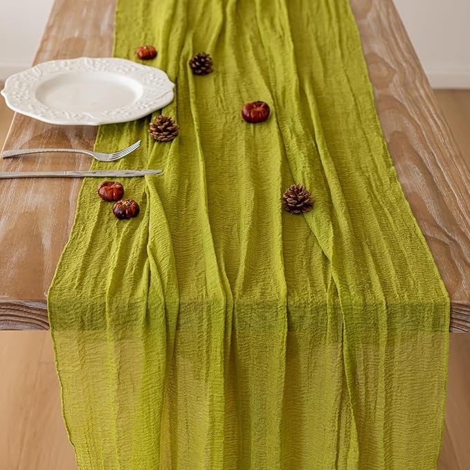 Keketoarrange Moss Green Cheesecloth Summer Table Runner Gauze 120 Inch 10 FT Rustic Boho Cheese Cloth Runner for Wedding Baby Shower Bridal Shower Long Sheer Spring Home Decorations