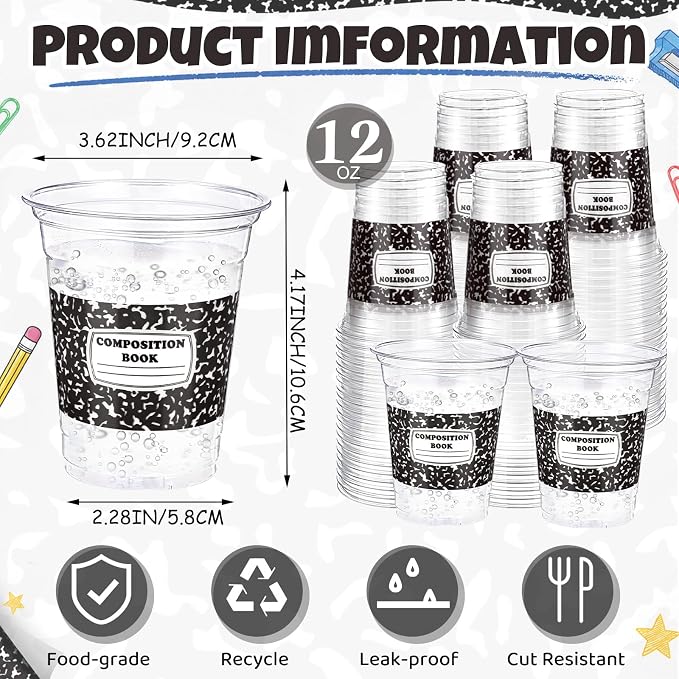 Funnymoom 60 Pack Composition Book Decoration Cups 12 oz Back to School Disposable Clear Plastic Drinking Cups for First Day of School Teacher Graduation End of Year Party Decorations Supplies