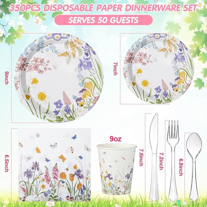 FillTouch 350 Pcs Wildflower Baby Shower Party Supplies Set Floral Bloom Disposable Paper Plates Flower Napkins Cups Knives Forks Spoons for 50 Guests Spring Summer Tea Party Birthday