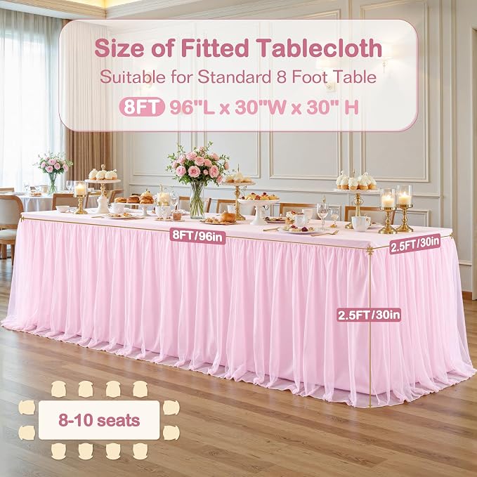 2-in-1 Pink Tablecloths for 8 Foot Rectangle Tables with Tulle Table Skirt Wedding Table Cover Stretchy Fitted Ruffle Tutu Tablecloth for Baby Shower Reception Birthday Parties Celebration Banquet