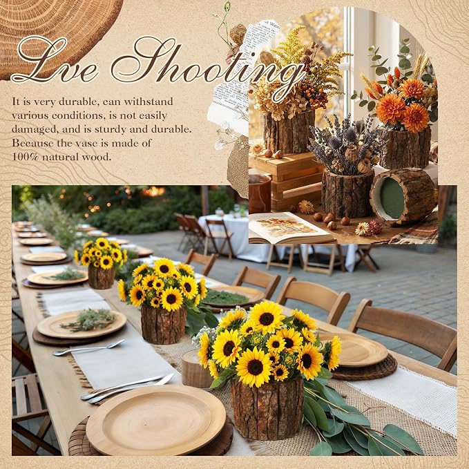 12 Set Wooden Vase for Centerpieces Wedding Flower Table Centerpieces Decor Rustic Bark Stump Bucket Farmhouse Wood Planter Pot for Woodland Party Window Home (Flower Foam,Medium)