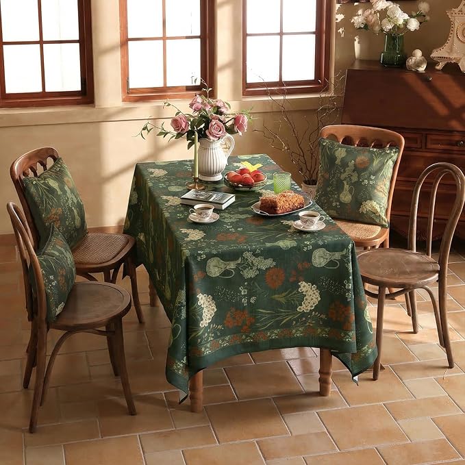 ISAENNE Designer Linen Green Rectangular Tablecloth,94"x63"-Nocturne | Vintage Elegant Table Cloth Rectangle Table,Floral Pattern,Decoration,Heavyweight,Dining,Kitchen,Tea Party,Thanksgiving