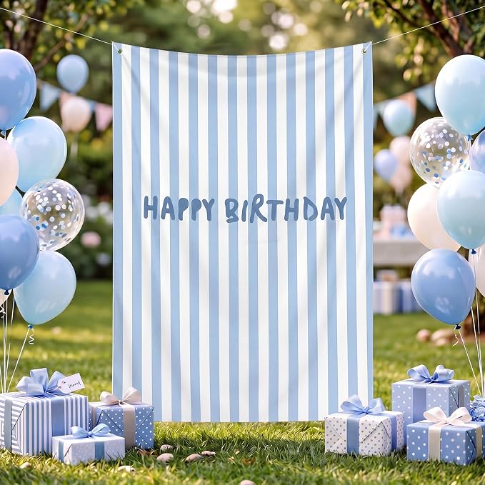 Flutesan 7x5ft Blue Stripe Happy Birthday Backdrop Large Banner Fabric Tapestry Birthday Party Decoration Baby Shower Linen Rustic Background Wall Photo Props Indoor Outdoor