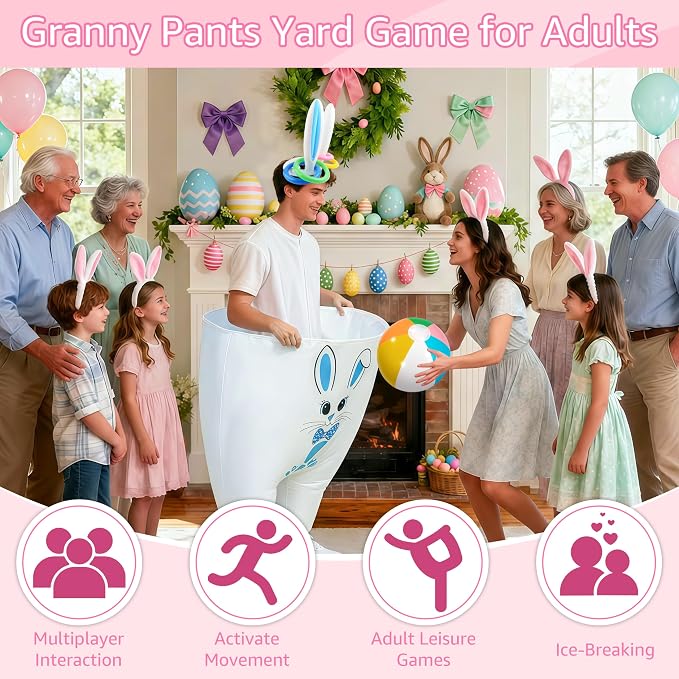 Letsroar Easter Granny Pants Yard Game Inflatable Bunny Ears Ring Toss Game Set with Bouncy Balls Pump for Adults - Outdoor Lawn Games for Easter Parties, Spring Festival and Tailgate Parties