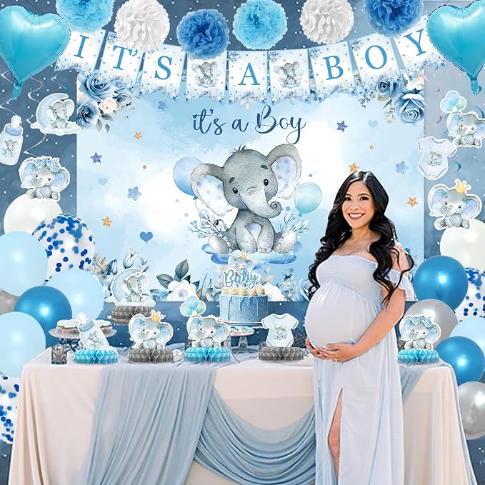 Elephant Baby Shower Decorations for Boy, Blue Baby boy Shower Decorations Kit with It's a Boy Backdrop Banner, Cake Toppers, Hanging Swirls, Centerpieces, Balloons and Pompoms Birthday Elephant Decor